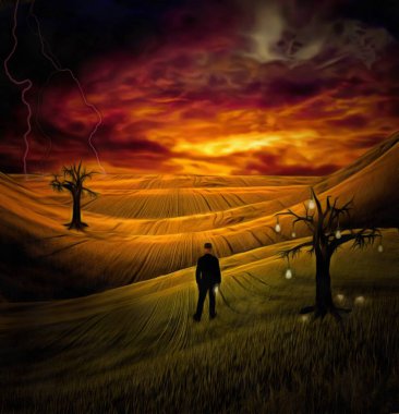 Gerçeküstü resim. Yeşil alanda düşünen bir adam. Canlı gökyüzü.