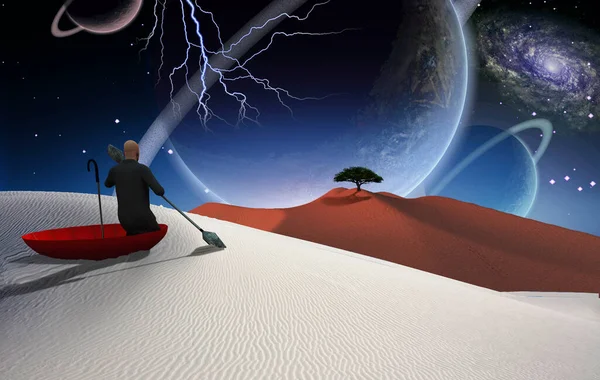 Surreal Painting Man Red Umbrella Floating White Desert Green Tree — Stock Photo, Image