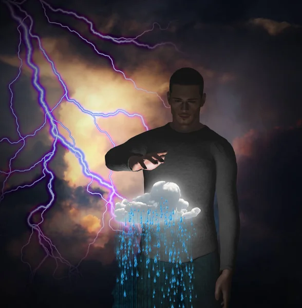 Homem Com Poder Sobre Nuvem Chuva — Fotografia de Stock