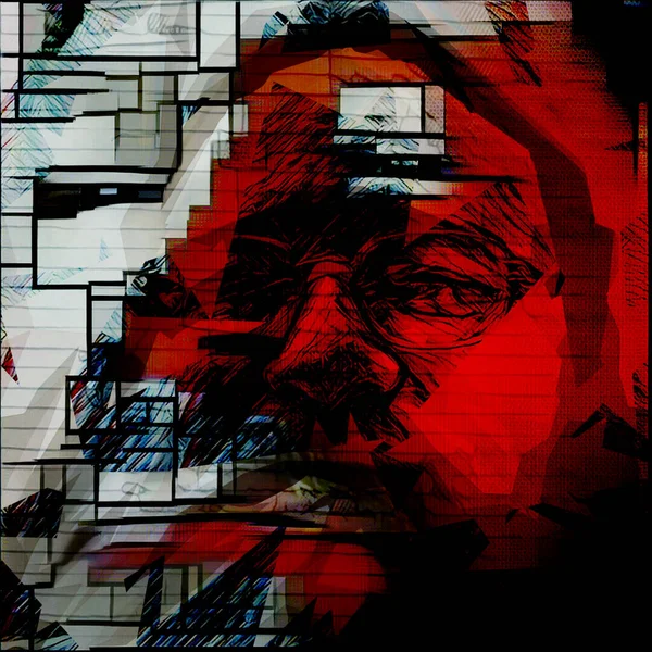 Pintura Abstracta Cara Hombre Colores Negro Rojo Estilo Mondriano — Foto de Stock