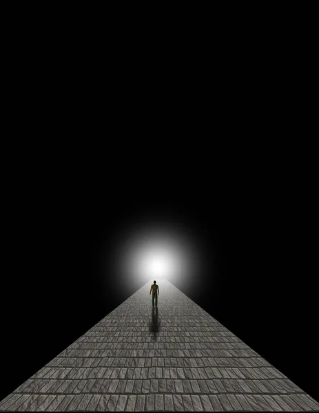 Szürreális Festmény Egy Ember Sétált Kőúton Fény Felé — Stock Fotó