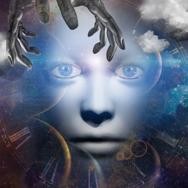 Human Face Hands Universe Background — Stock Photo, Image