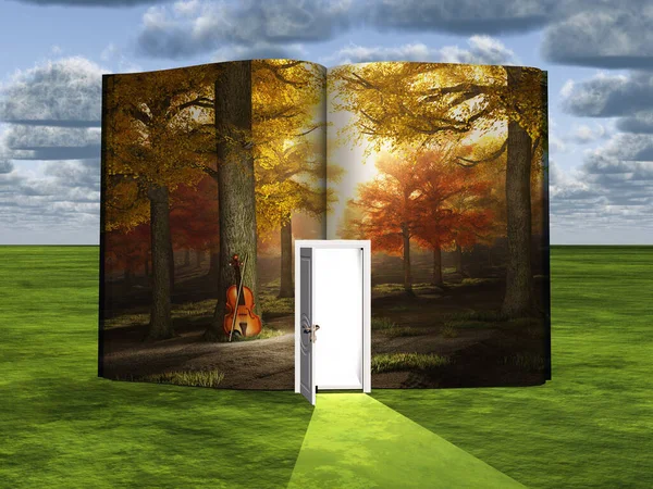 Surrealismus Buch Mit Geöffneter Tür Und Cello Wald — Stockfoto