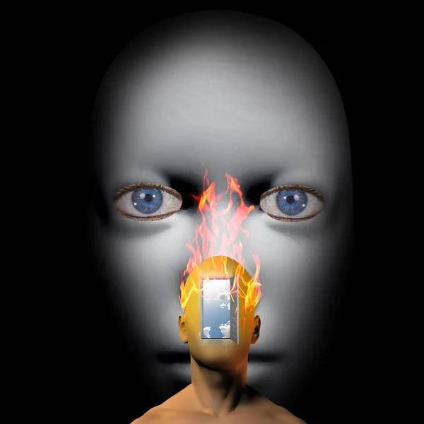 Burning Human Head Blue Human Face — Stock Photo, Image