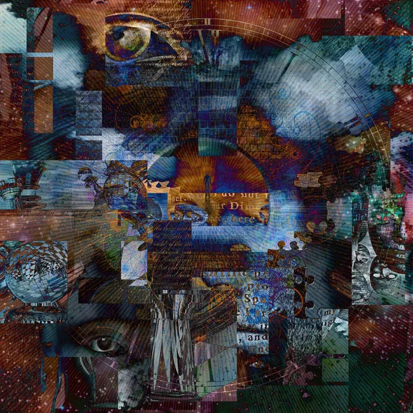 Komplex Szürreális Festmény Isten Szeme Kirakós Darabok Szögletes Elemek Szöveg — Stock Fotó