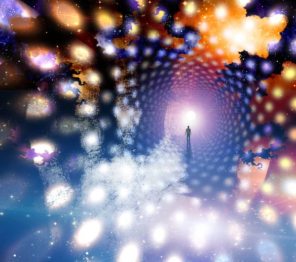 Man Path Journey Colorful Light Tunnel — Stock Photo, Image