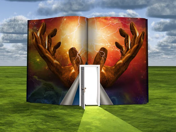 Сюрреализм Книга Открытой Дверью Руками Божьими — стоковое фото