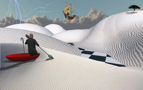 Surrealistisk Målning Man Rött Paraply Flyter Vit Öken Människokännare Avstånd — Stockfoto