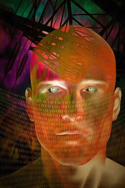 Surrealism Man Face Veil Binary Code High Voltage Line Background — Stock Photo, Image