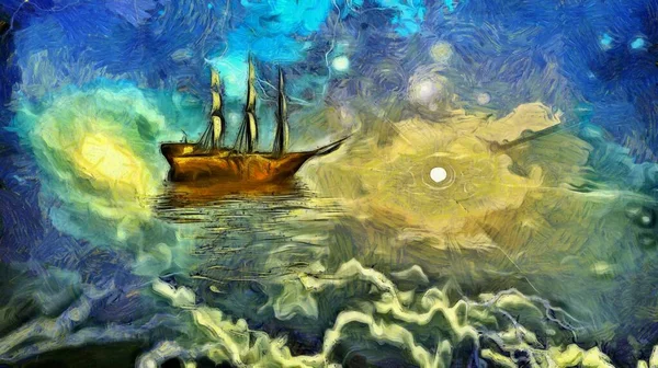 Pintura Surreal Navio Antigo Céu — Fotografia de Stock