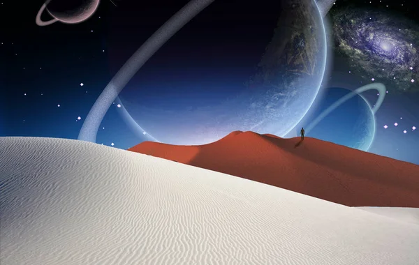 Desierto Surrealista Figura Del Hombre Distancia Grandes Planetas Cielo Estrellado —  Fotos de Stock