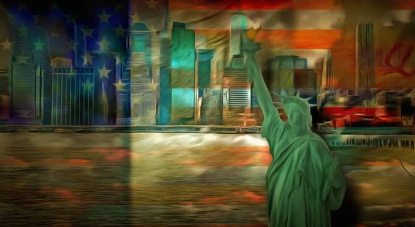 Moderne Kunst Freiheitsstatue Auf Manhattan Hintergrund — Stockfoto
