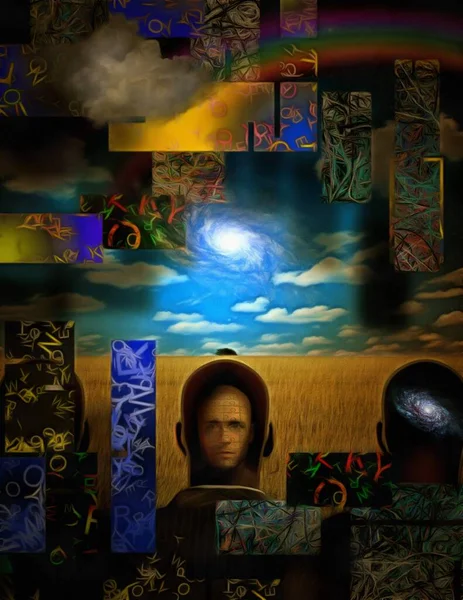 Сюрреалістичний Живопис Чоловічі Голови Різними Думками Всередині Поле Пшениці Блакитного — стокове фото