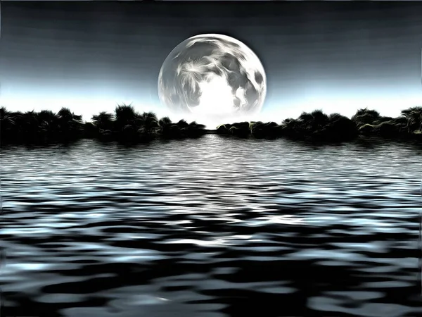 Pittura Surreale Luna Terraformata Sull Acqua — Foto Stock