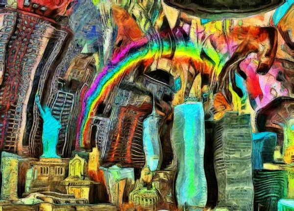 Downtown Rainbow Manhattan Rendering — Stock Photo, Image