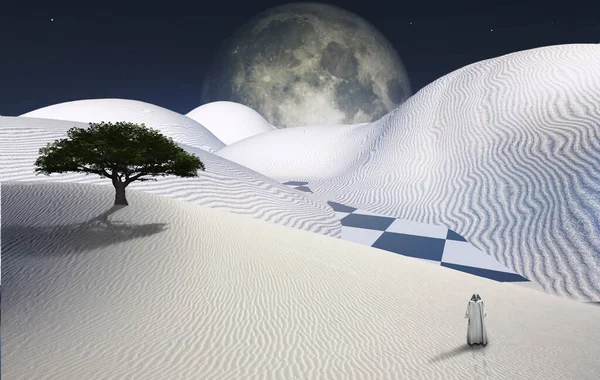 Surrealistyczna Pustynia Zielone Drzewo Wydmie Figura Mnicha Oddali Wielki Księżyc — Zdjęcie stockowe