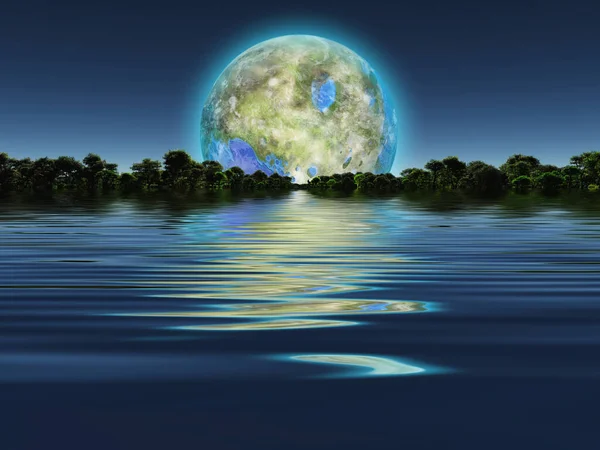 Luna Terraformata Sorge Sull Acqua — Foto Stock