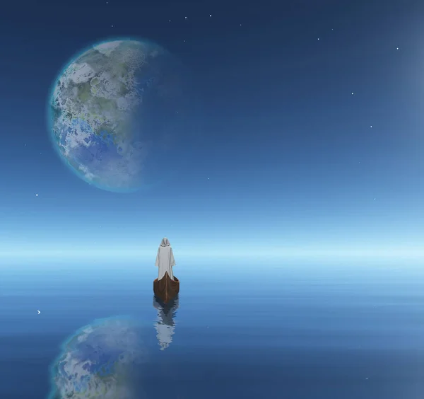 Dünyalaştırılmış Luna Beyaz Pelerinli Bir Figür Bir Teknede Yüzüyor — Stok fotoğraf