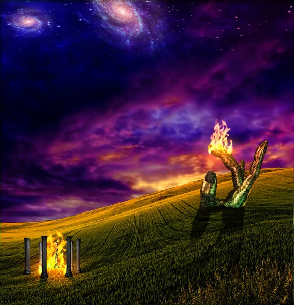 Burning Temple Fire Surreal Art — Stockfoto