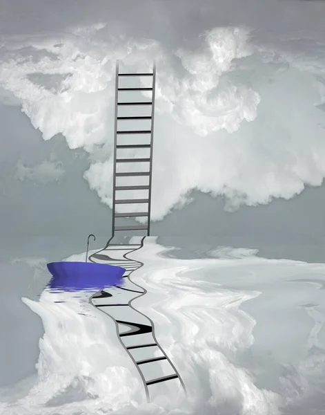 Ladder Weerspiegeld Water Met Drijvende Paraplu — Stockfoto