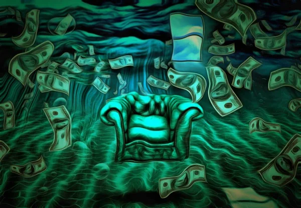 超现实的绘画 扶手椅 美元在海底 打开通向另一个世界的窗户 — 图库照片