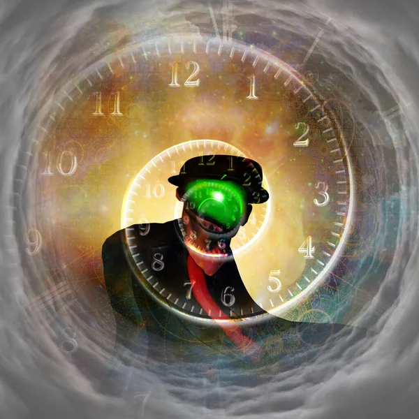 Людина Чорному Костюмі Зелене Яблуко Обличчя Час Спіралі Вихрі Хмар — стокове фото