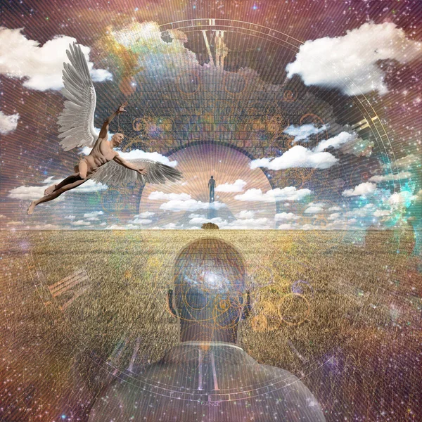 Surrealism Figure Man Road Heaven Man Suit Galaxy His Mind — Stock Photo, Image