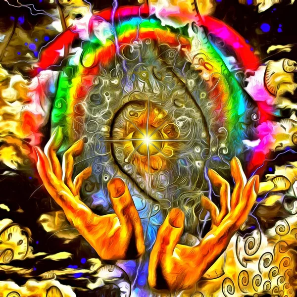 Surreal Painting Hands God Space Time God Eye Rainbow — Stock Photo, Image