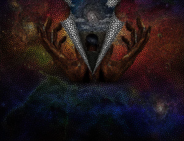 本物の絵画だ 無限の宇宙で神の手 宇宙のカーテンの後ろの別の次元の男 — ストック写真