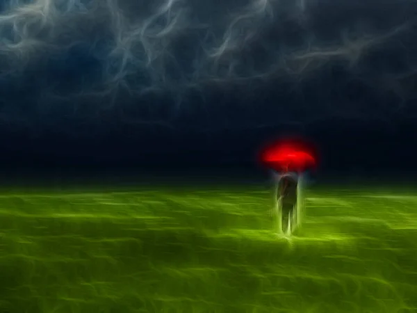 Uomo Con Ombrello Rosso Sotto Tempesta Raccolta — Foto Stock