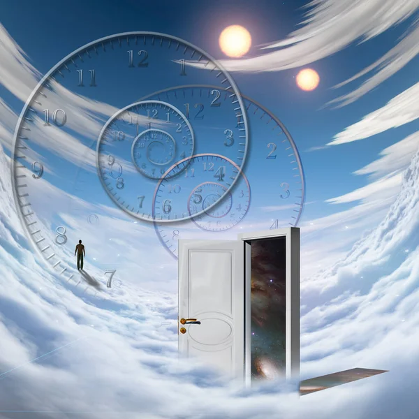 Puerta Blanca Espiral Del Tiempo Hombre Caminando Sobre Una Nube —  Fotos de Stock