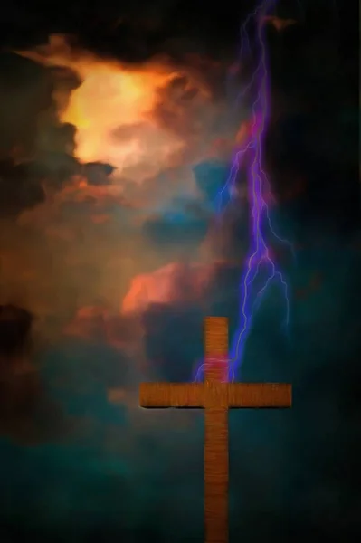 Surreal Painting Lightning Strikes Cross Dramatic Sky — Stock Photo, Image
