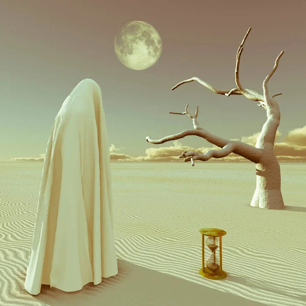 Surreal Art Figure White Cloak Stands Desert — Stock Photo, Image