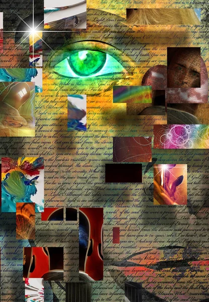 Сложное Сюрреалистическое Искусство Зеленый Глаз Огонь Красочные Перекрывающиеся Слои Мысли — стоковое фото