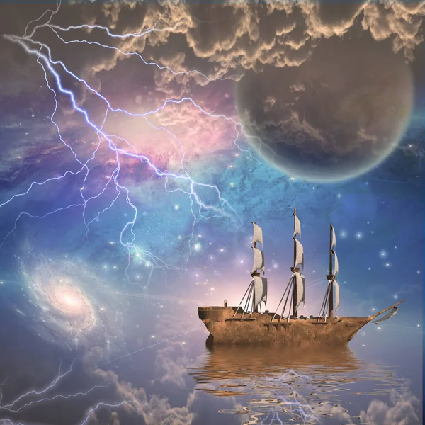 Harika bir manzarayla yelkenli gemi.