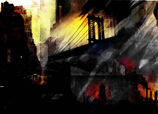 Manhattanský Most Dramatická Malba Tmavých Barvách — Stock fotografie