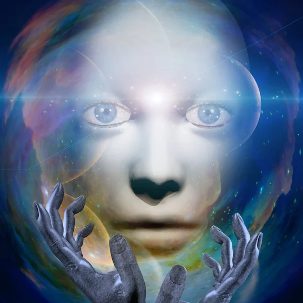 Menschliches Gesicht Mit Händen Und Universum Hintergrund — Stockfoto