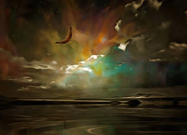 Surreal Painting Eagle Flies Vivid Sky — Stock Photo, Image