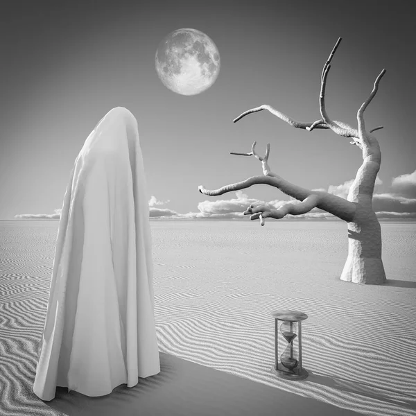 Arte Surreale Figura Mantello Bianco Sta Nel Deserto — Foto Stock