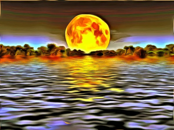 Peinture Surréaliste Lune Terraformée Sur Eau — Photo