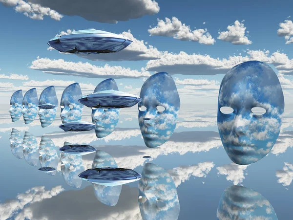 Ufoとシュールな仮面が空中に浮かぶ — ストック写真