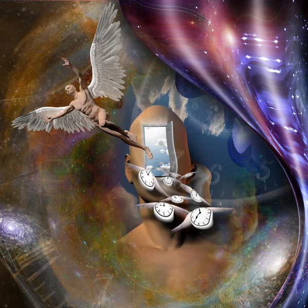 超现实主义 人类的脑袋打开了通向另一个世界的大门 光着翅膀的人代表天使 有翅膀的钟象征着时间的流转 弯曲的空间 — 图库照片