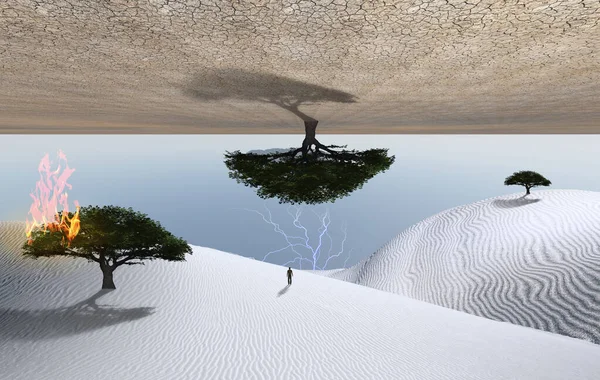 Désert Surréaliste Arbre Vert Brûlant Sur Une Dune Sable Figure — Photo