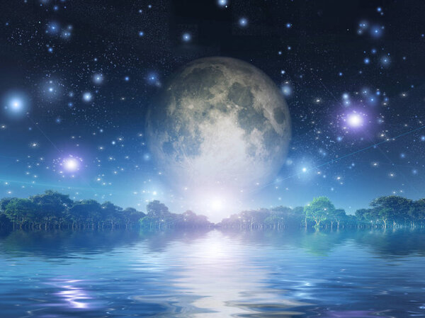 Moonrise over water. 3D rendering