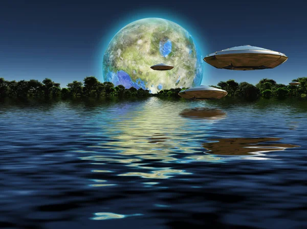 Летающие Тарелки Приближаются Терраформированной Луне Зеленый Лес Окружении Воды Крыльце — стоковое фото