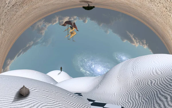 Desierto Surrealista Árbol Verde Duna Arena Barco Figura Del Hombre —  Fotos de Stock
