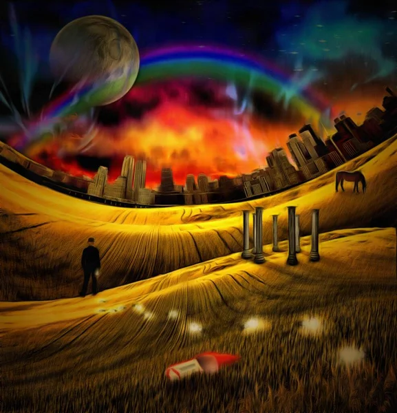 本物の絵画だ ビジネスマンは現場で電球を失う 古代寺院 馬と赤い靴 地平線 大きな月と空の虹で街 電球はアイデアを象徴する — ストック写真