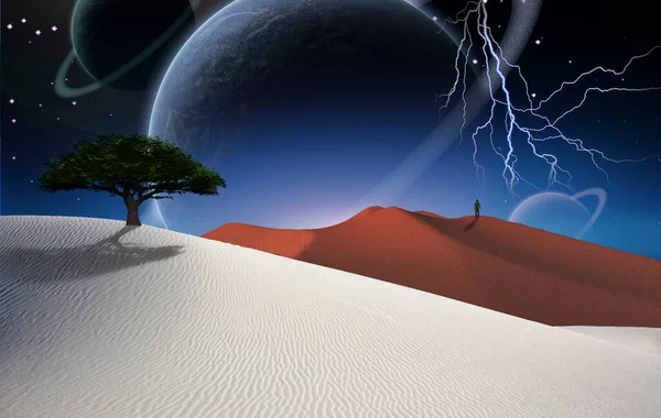 Surrealistyczna Pustynia Zielone Drzewo Wydmie Postać Człowieka Oddali Wielkie Planety — Zdjęcie stockowe