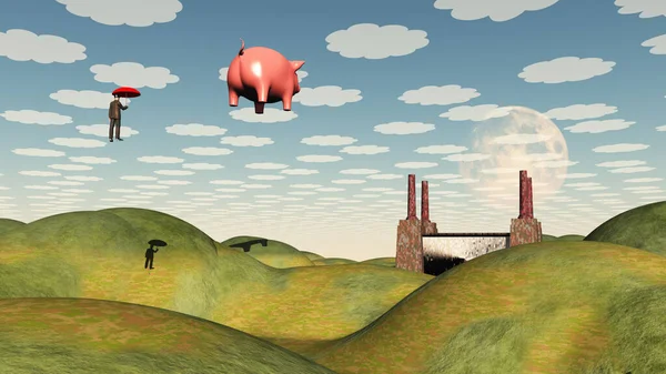 Factory Pig Surreal Art Rendering — 图库照片