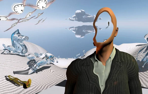 Surrealistische Woestijn Met Schaakfiguren Trompet Gezichtloze Man Pak Gevleugelde Klokken — Stockfoto